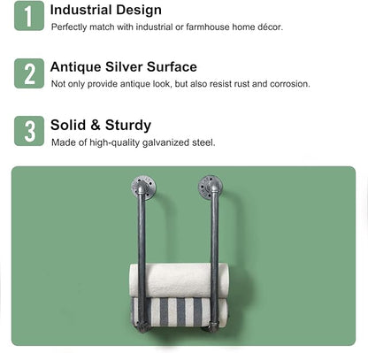 HouseAid Industrial Pipe Towel Rack, Farmhouse Bathroom Towel Storage Holder, Vintage Style Towel Organization, Wall Mounted, Antique Silver