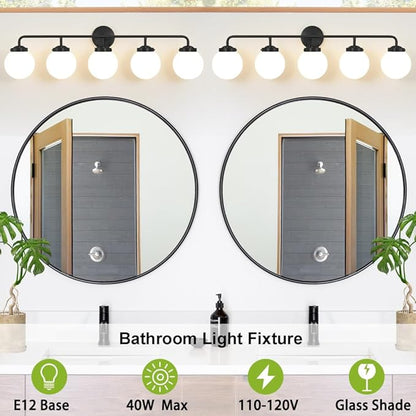 Bathroom Light Fixtures Over Mirror, 5-Light Matte Black Vanity Lighting with Milk White Glass Globe Shades Modern Wall Sconce