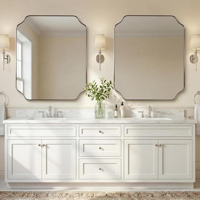 30x36 Inch Brushed Nickel Mirror, Silver Bathroom Mirror for Over Sink, Rounded Notched Corner Mirror in Anti-Rust Stainless Steel Metal Thin Frame, Wall Mount Vertically or Horizontally
