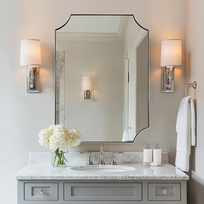 Brushed Nickel Mirror 24x32 Inch, Scalloped Bathroom Mirror, Silver Rectangle Mirror in Anti-Rust Stainless Steel Metal Thin Frame Deep 1", Horizontal/Vertical