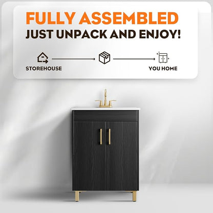 24 Inch Fully Pre-Assembled Black Bathroom Vanity with Single Ceramic Countertop Sink Combo, 2 Soft Close Doors Bathroom Cabinet Set, Faucet Not Included, BV01-BLACK-JH