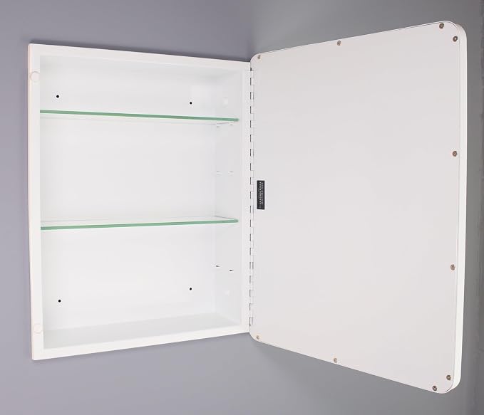 16x20 Austin Farmhouse Metal Framed Rounded Rectangle Recessed Bathroom Medicine Cabinet, Beveled Mirror, 14x18 in-Wall Opening, powder-coated Steel, Adjustable Glass Shelves, Magnet Close, White