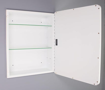 16x20 Austin Farmhouse Metal Framed Rounded Rectangle Recessed Bathroom Medicine Cabinet, Beveled Mirror, 14x18 in-Wall Opening, powder-coated Steel, Adjustable Glass Shelves, Magnet Close, White