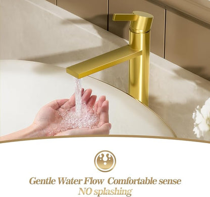 1 Hole Tall Bathroom Vessel Sink Faucet, Brushed Gold Single Hole Single Handle Vanity Faucet, with Pop Up Drain and Water Supply Line, FH02-BG-V