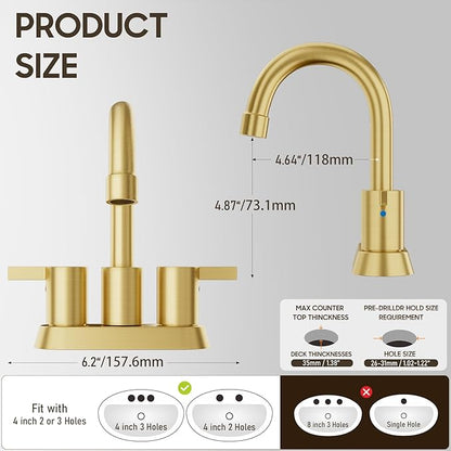 Brushed Gold 4 Inch 2 Handle Centerset Lead-Free Bathroom Faucet, Swivel Spout with Copper Pop Up Drain and 2 Water Supply Lines, BF015-1-BG