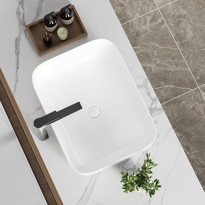 20" Rectangular Ceramic Vessel Sink, White Bathroom Vanity Sink Countertop | KINGWONG Modern No Overflow Wash Basin for Powder Room Guest Bath, Easy Clean Round Corners Above Counter Sink