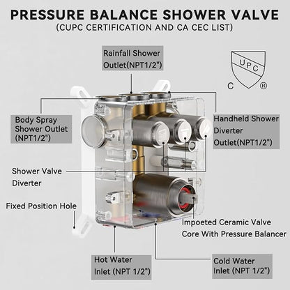 Shower Faucet Set Brushed Nickel Shower System,STARBATH 12+6" Rainfall Shower Head with Handheld 2 Spray High Pressure, Push Button Diverter Shower Valve Can Run All Together