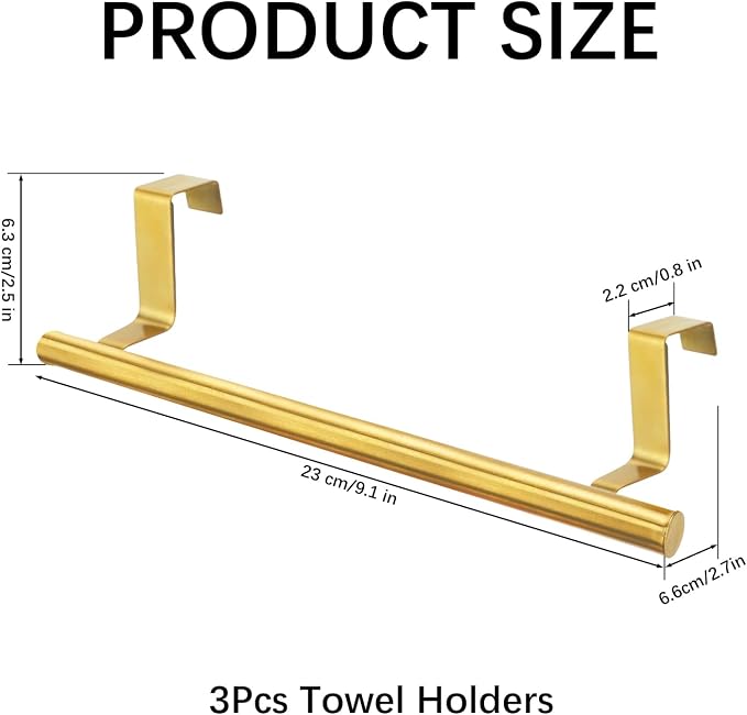 RETON 3 PCS Over Door Towel Rack, 9 Inch Stainless Steel Cabinet Towel Hanger Towel Bar Holders, Kitchen Towel Holder with Anti-Slip Pads, No Drilling (Gold)