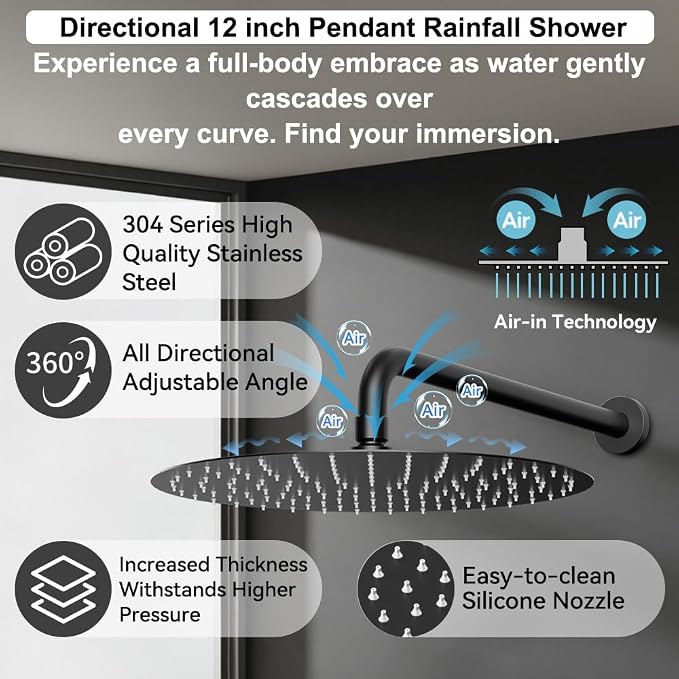 Shower Systems Round Shower Faucet Set,12+6" Dual Rainfall Shower head with 2 in 1 Handheld Spray, Wall Mount Push Button Shower Set with Valve and Trim Kit Matte Black, Can Use All at Once