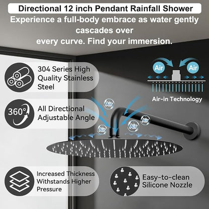 Shower Systems Round Shower Faucet Set,12+6" Dual Rainfall Shower head with 2 in 1 Handheld Spray, Wall Mount Push Button Shower Set with Valve and Trim Kit Matte Black, Can Use All at Once
