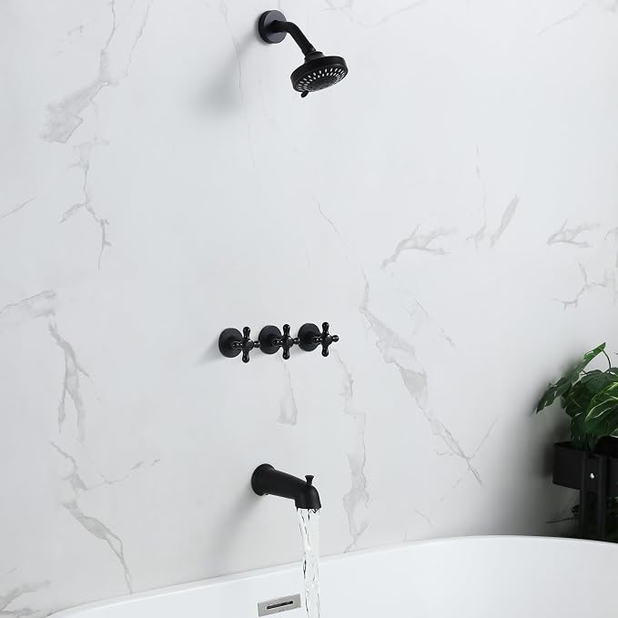 3 Handle Shower Faucet Set with Tub Spout Matte Black | Three Knod Tub and Shower Trim Kit 3 Handles Bathtub Shower Faucets Completes with Brass Valve