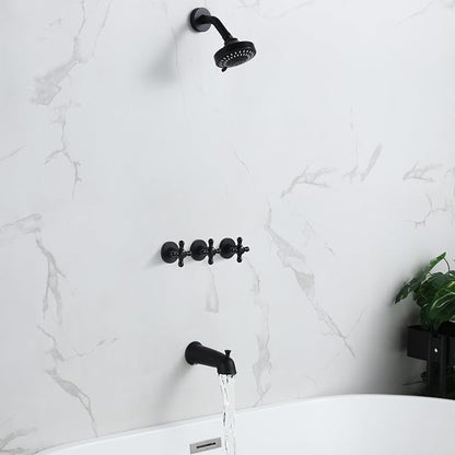 3 Handle Shower Faucet Set with Tub Spout Matte Black | Three Knod Tub and Shower Trim Kit 3 Handles Bathtub Shower Faucets Completes with Brass Valve