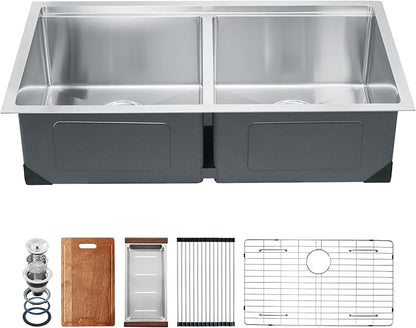 VEVOR 33 inch Kitchen Double Sink, 304 Stainless Steel Undermount Sink Drop-In Single Bowl Farmhouse Basin with Ledge & Multiple Accessories, Household Dishwasher Sinks for Prep Kitchen, Bar 33"*19"