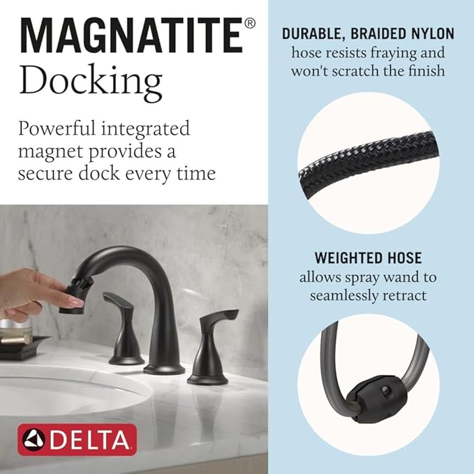 Delta Broadmoor Matte Black Bathroom Faucet with Sprayer, 8 Inch 3 Hole Widespread Bathroom Sink Faucet with Pull Out Sprayer, Push-Pop Drain, Matte Black 35765LF-BLPD