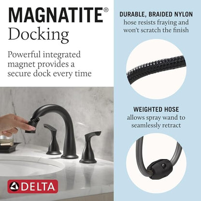 Delta Broadmoor Matte Black Bathroom Faucet with Sprayer, 8 Inch 3 Hole Widespread Bathroom Sink Faucet with Pull Out Sprayer, Push-Pop Drain, Matte Black 35765LF-BLPD