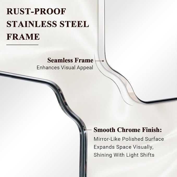 Chrome Bathroom Mirror, 24x36 Inch Polished Chrome Rectangle Mirror, Scalloped Bathroom Mirror with Stainless Steel Metal Frame, Thin Frame Deep 1’’