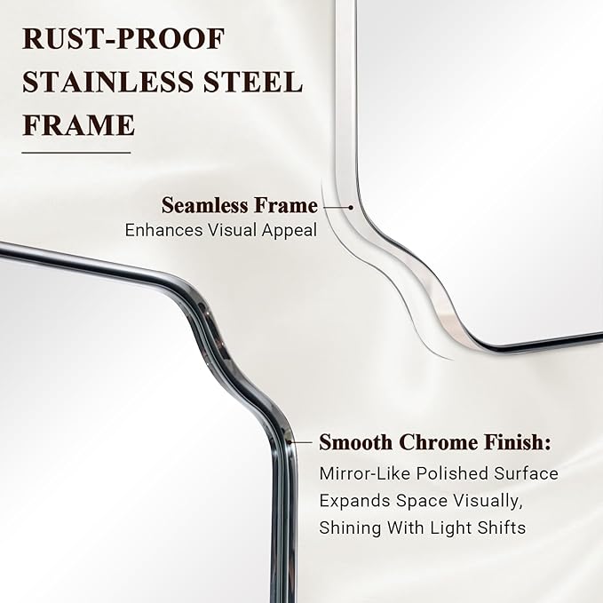 30x36 Inch Chrome Bathroom Mirror, Polished Nickel Vanity Mirror, Scalloped Mirror in Anti-Rust Stainless Steel Metal Thin Frame, Unique Rounded Notched Corners, Vertically/Horizontally