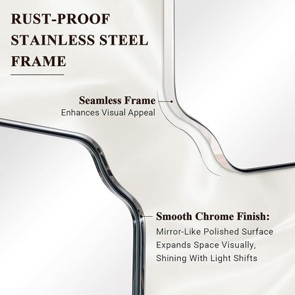 30x36 Inch Chrome Bathroom Mirror, Polished Nickel Vanity Mirror, Scalloped Mirror in Anti-Rust Stainless Steel Metal Thin Frame, Unique Rounded Notched Corners, Vertically/Horizontally