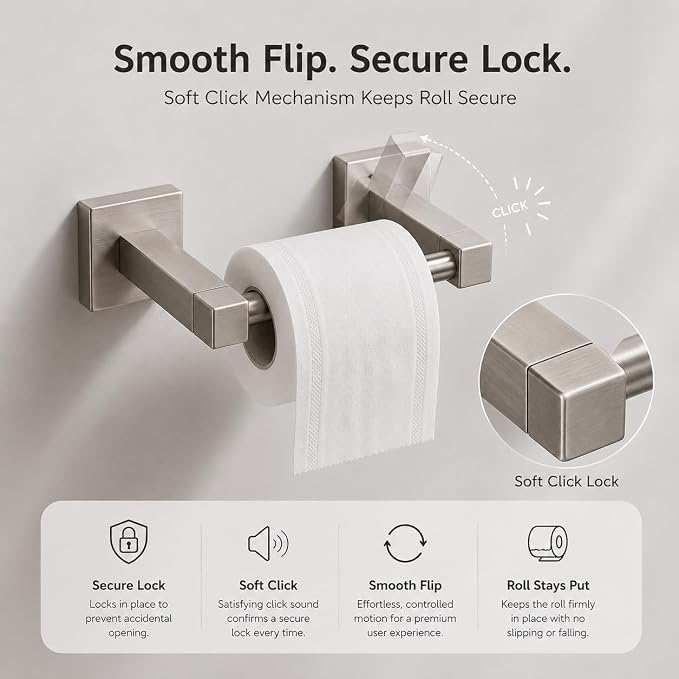 Toilet Paper Holder Wall Mount, Brushed Nickel Bathroom Toilet Paper Holder for SUS 304 Stainless Steel, Double Post Pivoting Square Toilet Paper Roll Holder for Bathroom RV Paper Towels for TP