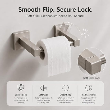 Toilet Paper Holder Wall Mount, Brushed Nickel Bathroom Toilet Paper Holder for SUS 304 Stainless Steel, Double Post Pivoting Square Toilet Paper Roll Holder for Bathroom RV Paper Towels for TP