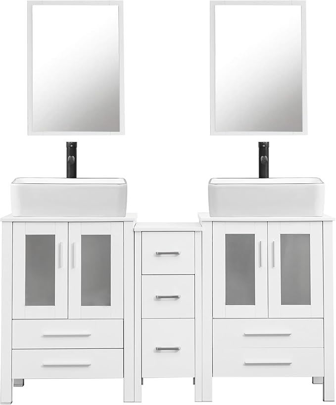 UEV 60" Double Sink Bathroom Vanity,White Bathroom Vanity with Double Side Vanity Cabinets & Removable 3 Drawer Storage Cabinet with Modern Vessel Sink Combo,Mirror Not Included(031WH)