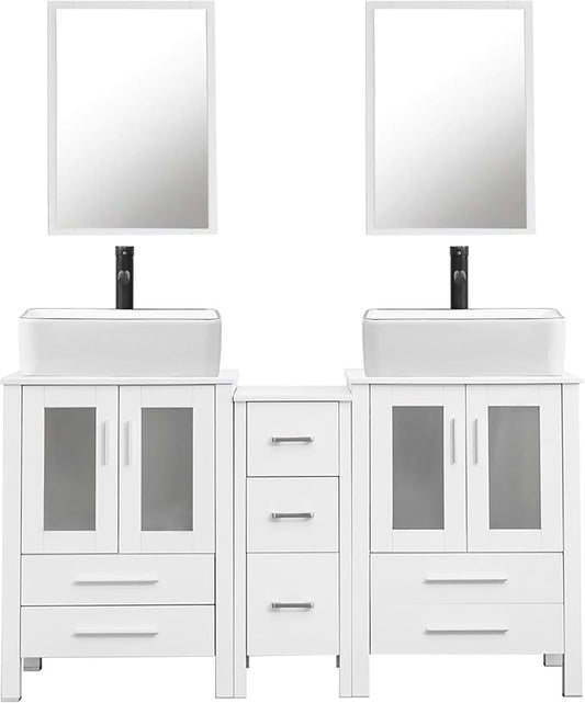 UEV 60" Double Sink Bathroom Vanity,White Bathroom Vanity with Double Side Vanity Cabinets & Removable 3 Drawer Storage Cabinet with Modern Vessel Sink Combo,Mirror Not Included(031WH)