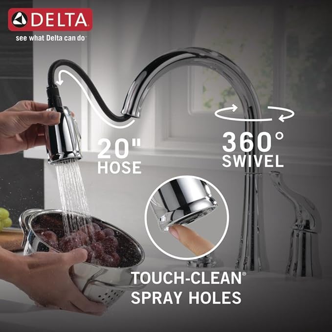 Delta Kate Chrome Kitchen Faucet with Pull Down Sprayer and Soap Disperser, Modern Two Hole Kitchen Sink Faucet, Single Handle, Chrome 16970-SD-DST