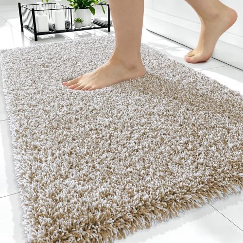 OLANLY Microfiber Bathroom Rugs 34x21, Quick Dry Bath Mat, Beige and White
