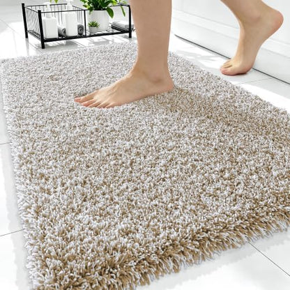 OLANLY Microfiber Bathroom Rugs 34x21, Quick Dry Bath Mat, Beige and White