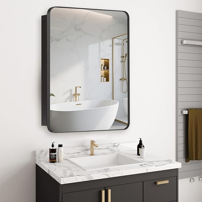 20’’x30’’ Medicine Cabinet,Metal Framed Medicine Cabinet Mirror with Round Corner,Recessed and Surface Mount Bathroom Mirror with Storage, Removeable Shelves,Dark Gray Frame