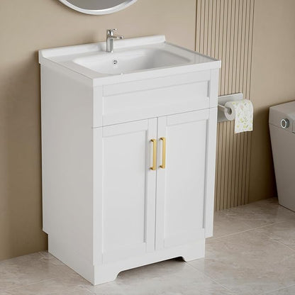 Bathroom Vanity with Ceramic Sink, Bathroom Vanity Cabinet with 2 Doors, 24 Inches Wooden Cabinet with Sink, White