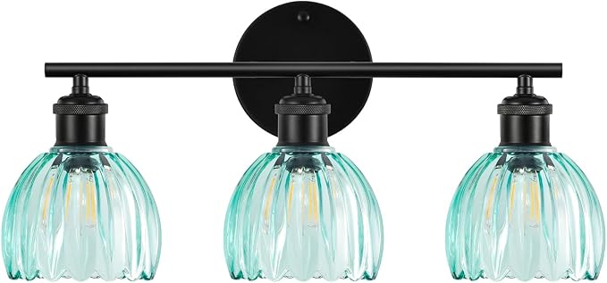 Bathroom Light Fixtures, 3-Light Brushed Black Vanity Lights for Bathroom with Blue Tulip Glass Shade, 20" Vintage Bathroom Vanity Lighting Fixtures Over Mirror for Bedroom Living Room Hallway
