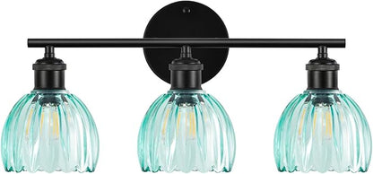 Bathroom Light Fixtures, 3-Light Brushed Black Vanity Lights for Bathroom with Blue Tulip Glass Shade, 20" Vintage Bathroom Vanity Lighting Fixtures Over Mirror for Bedroom Living Room Hallway