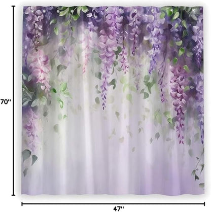 Purple Floral Lavender Flower Shower Curtain Spring Watercolor Weeping Wisteria Blossom Vine Leaves on Blurred Background with Dreamy Colors Girl Woman Bathroom Decor Set Polyester Curtains with Hooks