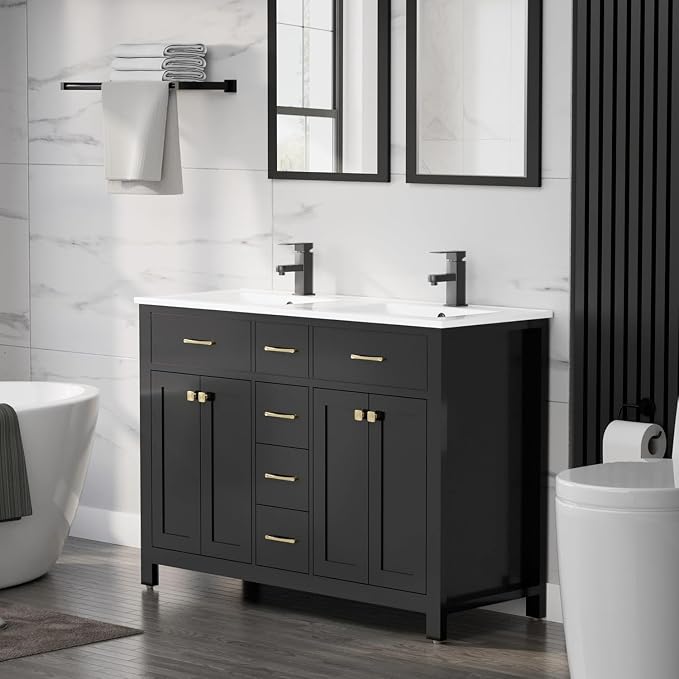 LUCKWIND 48" Modern Bathroom Vanity with Sink Combo, Contemporary Painted Storage Cabinet and Double White Sink, Include Soft-Closing Doors & Matte Black Faucet, Black