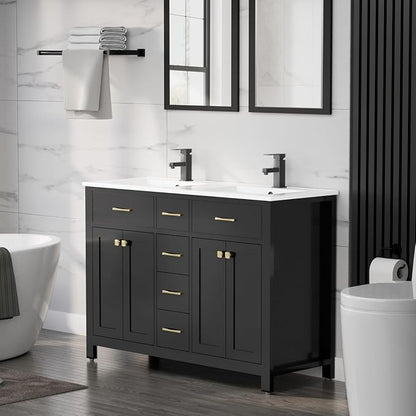 LUCKWIND 48" Modern Bathroom Vanity with Sink Combo, Contemporary Painted Storage Cabinet and Double White Sink, Include Soft-Closing Doors & Matte Black Faucet, Black