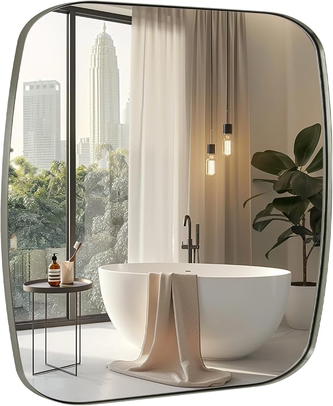 Brushed Nickel Bathroom Mirror, 24x24 Oblong Mirror with Stainless Steel Metal Frame, Silver Vanity Mirror for Over Sink, Modern Anti Rust Wall Mounted