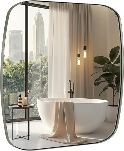 Brushed Nickel Bathroom Mirror, 24x24 Oblong Mirror with Stainless Steel Metal Frame, Silver Vanity Mirror for Over Sink, Modern Anti Rust Wall Mounted