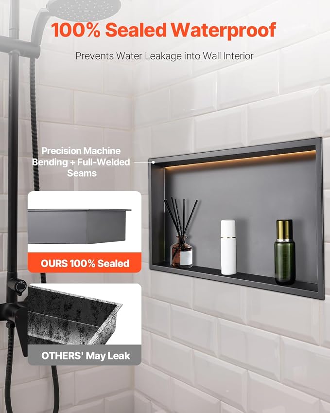 VEVOR Shower Niche, 13 x 25 x 4 inch Recessed Wall Niche with LED Strip,Heavy-Duty Stainless Steel Modern Shampoo Storage Organizer,Sealed Waterproof, Durable & Easy to Install,Black for Bathroom