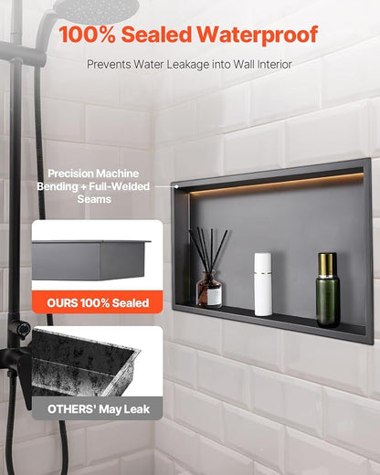 VEVOR Shower Niche, 13 x 25 x 4 inch Recessed Wall Niche with LED Strip,Heavy-Duty Stainless Steel Modern Shampoo Storage Organizer,Sealed Waterproof, Durable & Easy to Install,Black for Bathroom