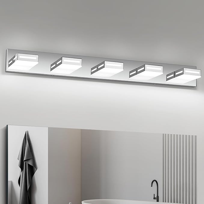 LED Modern Bathroom Light Fixtures, 5-Light 40-Inch Chrome Vanity Lights for Bathroom Lighting Fixtures Over Mirror, 350° Rotatable Acrylic, 6000K Cool White Wall Lamp