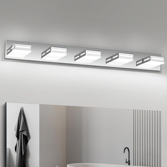 LED Modern Bathroom Light Fixtures, 5-Light 40-Inch Chrome Vanity Lights for Bathroom Lighting Fixtures Over Mirror, 350° Rotatable Acrylic, 6000K Cool White Wall Lamp