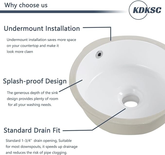 Undermount Bathroom Sink 16 Inch Small Verticyl Round Undermount Sink White Ceramic Under Counter Bathroom Vanity Sinks with Overflow（Internal Size 14"x14"）