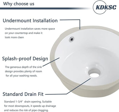 Undermount Bathroom Sink 16 Inch Small Verticyl Round Undermount Sink White Ceramic Under Counter Bathroom Vanity Sinks with Overflow（Internal Size 14"x14"）