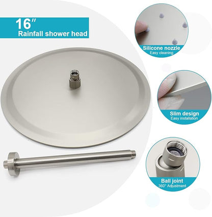 16inch Ceiling Mount Shower System High Pressure Shower Head System With Body Spray And Handheld Shower Combo Set For Bathroom (Brushed Nickel)