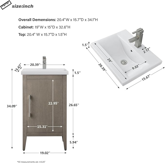 HomeBeyond 20 Inch Bathroom Vanity with Sink & Ceramic Top, Single Vanity Cabinet with Basin, Soft-Closing Doors & Matte Black Hardware, Driftwood Gray