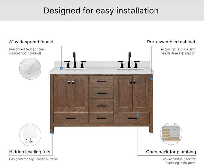 ARIEL Cambridge 60-inch Bathroom Vanity with Sink,Solid Wood, 1.5-inch Carrara White Quartz Countertop, Double Rectangular Porcelain Sink, 4 Soft Closing Doors, 6 Dovetail Drawers, Brown Oak