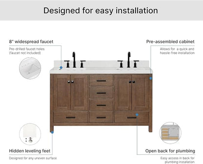 ARIEL Cambridge 60-inch Bathroom Vanity with Sink,Solid Wood, 1.5-inch Carrara White Quartz Countertop, Double Rectangular Porcelain Sink, 4 Soft Closing Doors, 6 Dovetail Drawers, Brown Oak