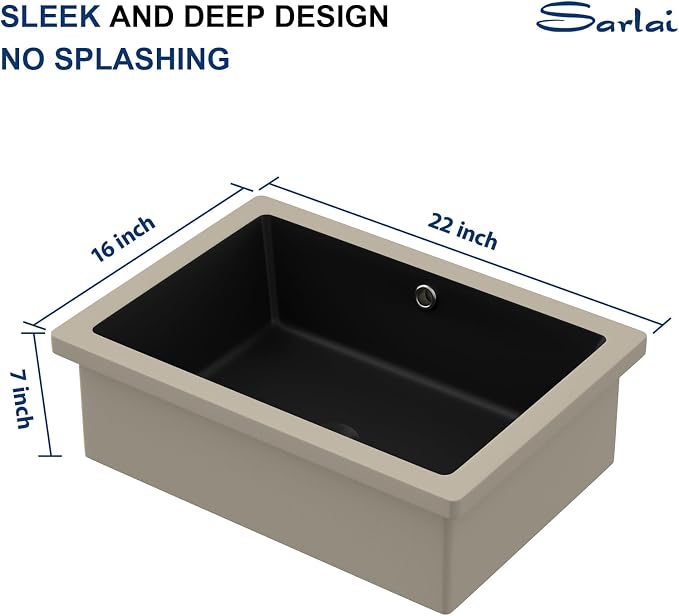Sarlai Undermount Bathroom Sink - 22"x16" Vanity Sink Black Rectangular Undermount Vessel Sink Porcelain Ceramic Lavatory Vanity Bathroom Sink