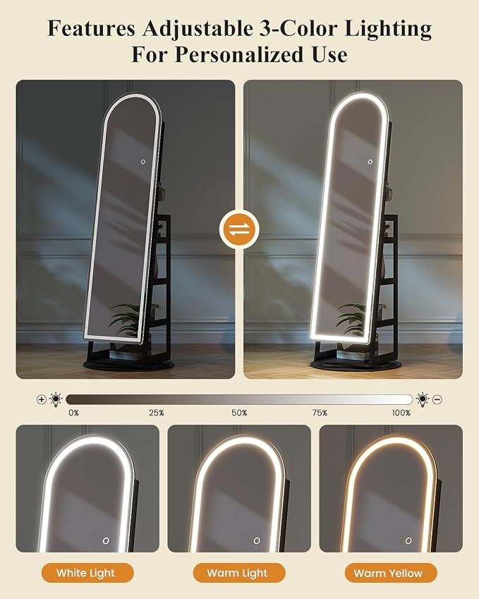 LVSOMT LED Arched Mirror Jewelry Cabinet Standing, Lockable Jewelry Armoire | 360° Swivel Full-Length Mirror with Storage, Large Jewelry Organizer Mirror, Foldable Makeup Shelf, Gift for Women, BlackWood